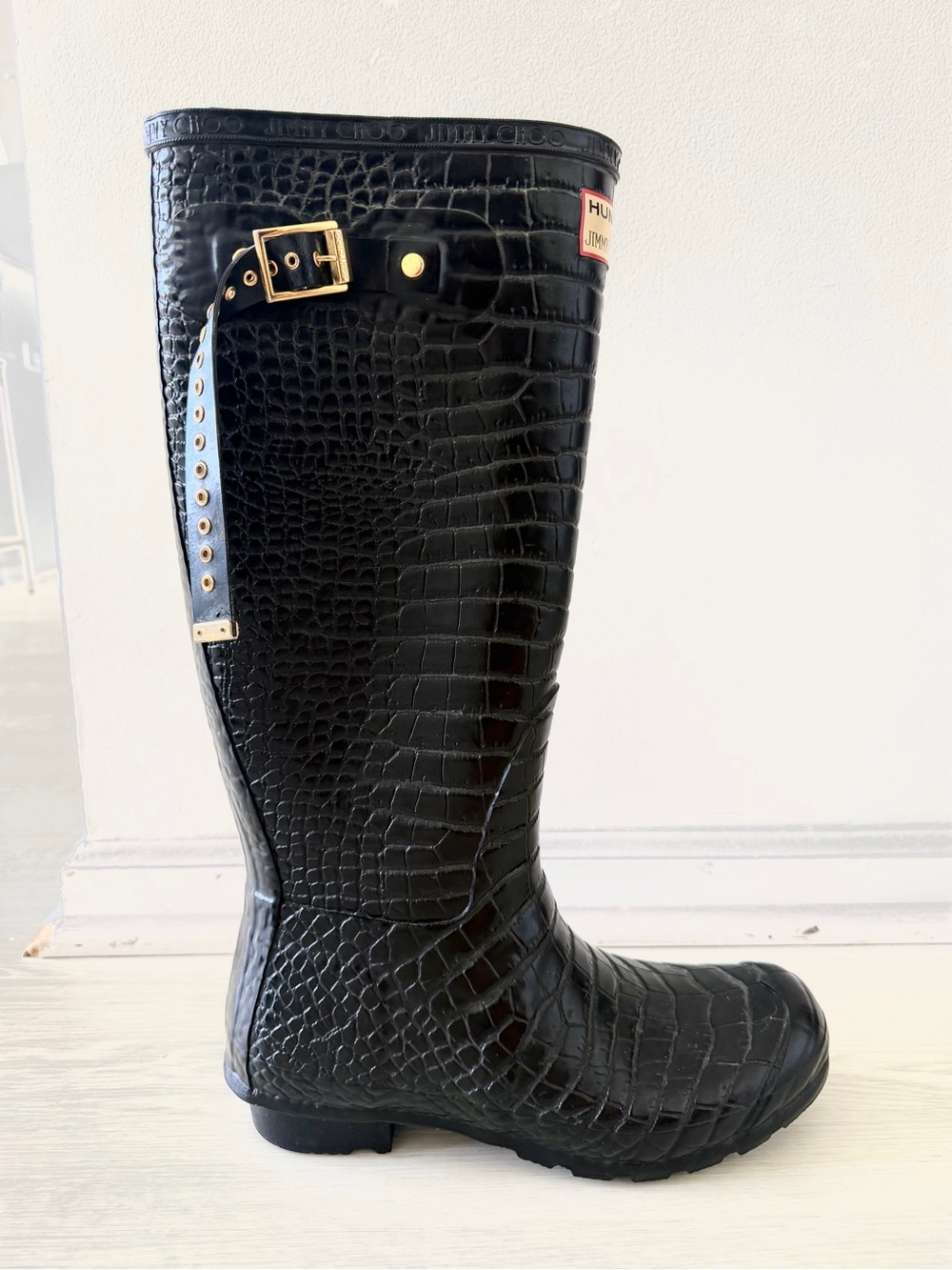 Hunter x Jimmy Choo Black Croc-Embossed Rain Boot